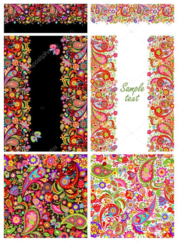 Design collection with colorful ethnic flowers and paisley pattern