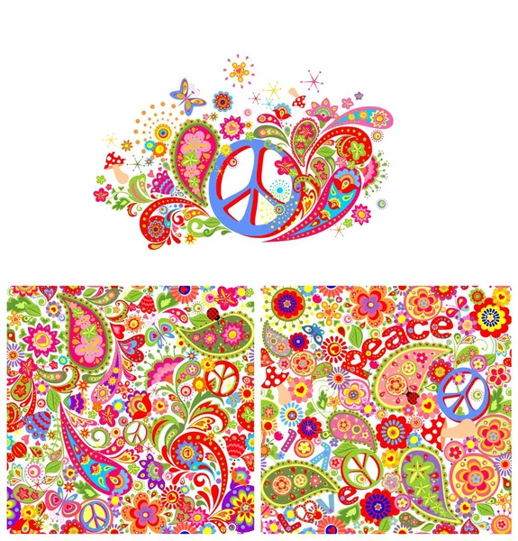 T-shirt imprimir com símbolo de paz hippie e papel de parede hippie com flores abstratas coloridas, cogumelos e paisley —  Vetores de Stock