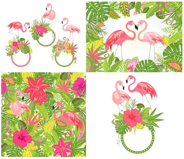Schönes Hochzeitsdesign und Tapete mit exotischen Blumen, tropischen Blättern und rosa Flamingo — Stockvektor