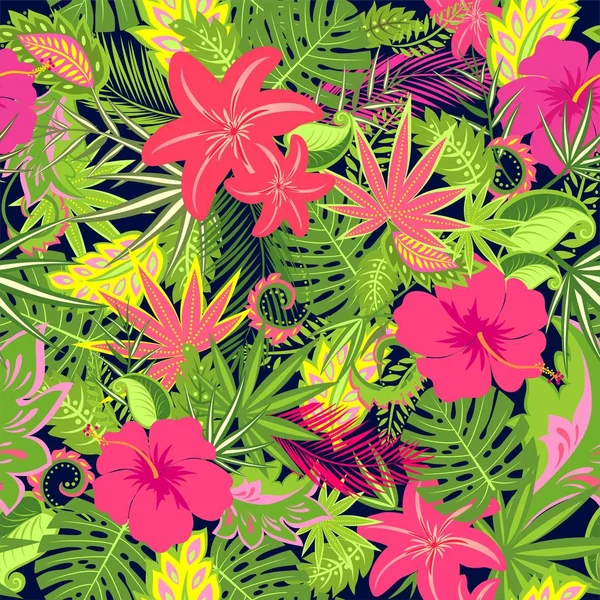 Nahtlose florale Tapete mit exotischen Blumen, Palmblättern und tropischen Blättern — Stockvektor