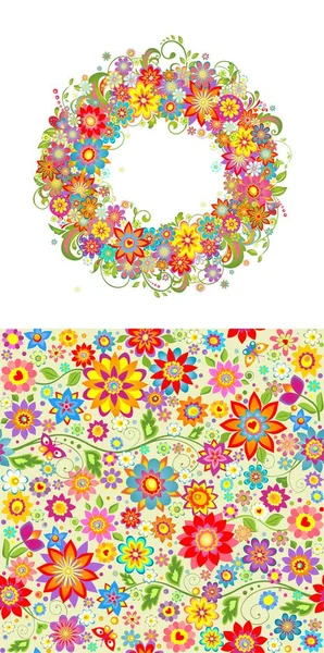 Sommerliches Design mit floraler Tapete und Blumenkranz für Stoff, Textil, Geschenkpapier, Grußkarte, Einladung, Tapete, Webdesign — Stockvektor