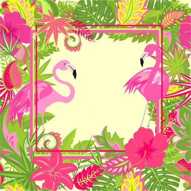 Güzel Hawaii duvar kağıdı egzotik çiçekler, tropikal yaprak ve pembe flamingo için düğün ve Parti Davetiyeler, t gömlek yazdırır, kumaş, tekstil, poster, tebrik kartı, web tasarım
