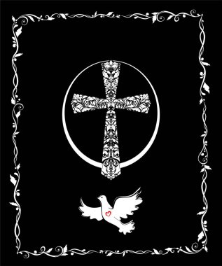 Vintage haç ve güvercin vaftiz ve Paskalya tatili için siyah ve beyaz Katolik tebrik kartı