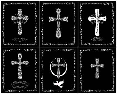 Siyah ve beyaz Katolik tebrik kartları vintage haç ve güvercin ile vaftiz ve Paskalya tatil için.