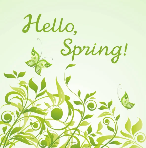 美丽的春天花绿色卡片与您好春天刻字 — 图库矢量图片