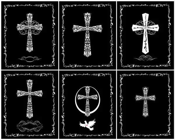 Black White Catholic Greeting Cards Baptism Easter Holiday Vintage Cross — Stock Vector