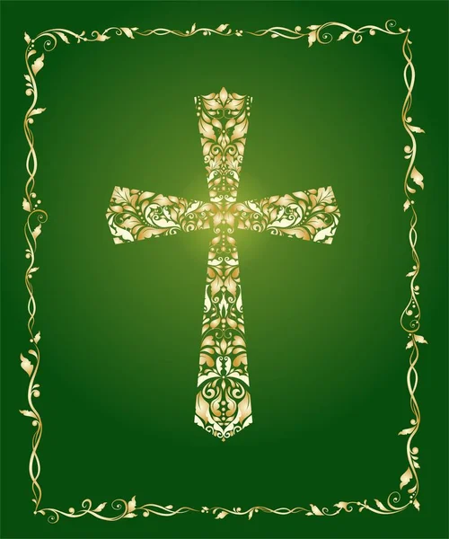 绿色背景的花金花纹和复古框架的基督教华丽十字 — 图库矢量图片