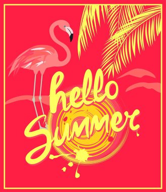 Merhaba yaz yazı, güneş, sarı palmiye yaprakları ve flamingo ile sıcak pembe banner. Art deco tarzında