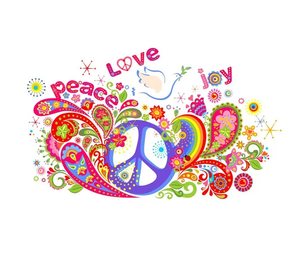 ヒッピーの平和のシンボル フライングでカラフルな シャツ プリントは白背景にオリーブの枝 抽象的な花 ペイズリー 虹と鳩 — ストックベクタ