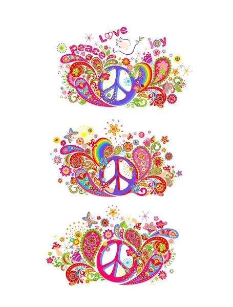 Colorful Shirt Prints Collection Hippie Peace Symbol Flying Dove Olive — Stock Vector