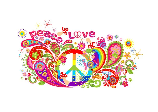 Hippi Barış Sembolü Soyut Çiçek Mantar Paisley Gökkuşağı Beyaz Arka — Stok Vektör