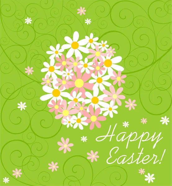绿色复活节贺卡与粉红色和白色菊花花束与鸡蛋形状 — 图库矢量图片