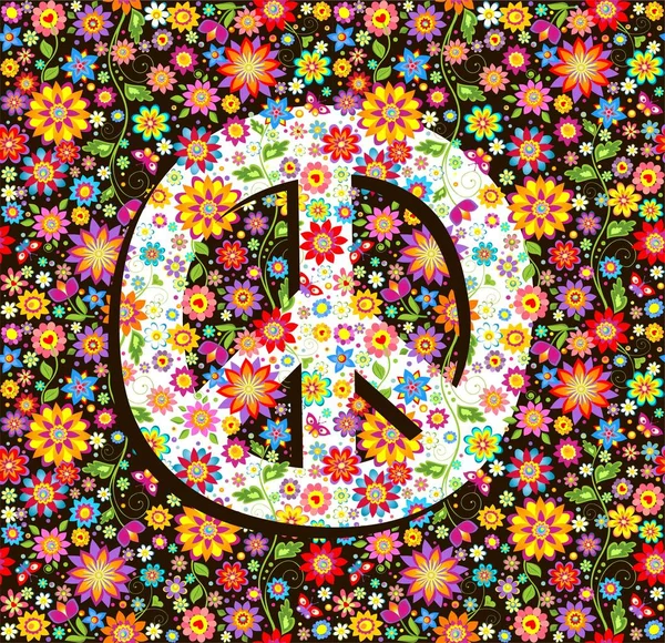 Hippie Wallpaper Flowers Print Peace Symbol — Stock Vector