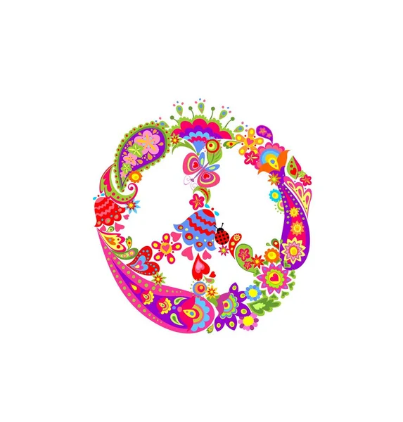 Símbolo Flor Paz Com Estampa Colorida Floral Étnica Paisley —  Vetores de Stock