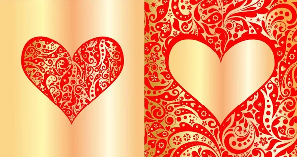 Rot Goldenes Design Mit Abstrakten Mustern Und Herzform Für Hochzeitseinladung — Stockvektor