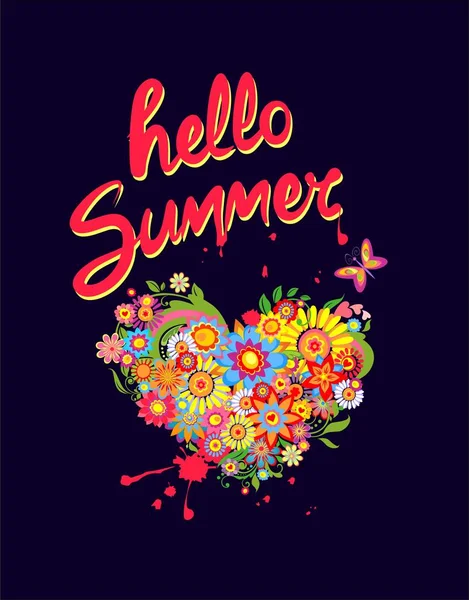 T恤印花彩色花心形 蝴蝶和你好夏天字母隔离黑色背景 — 图库矢量图片