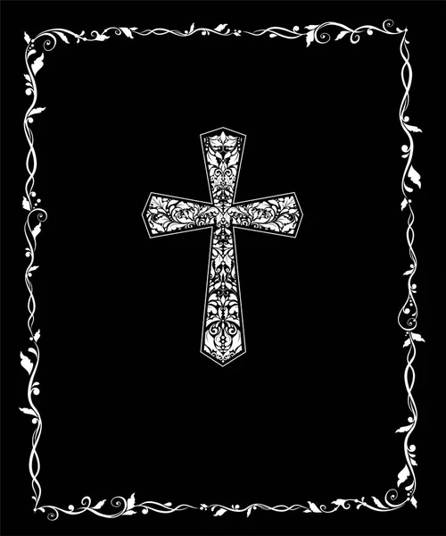 标题与基督教华丽的花卉十字和老式框架 黑白相间 — 图库矢量图片