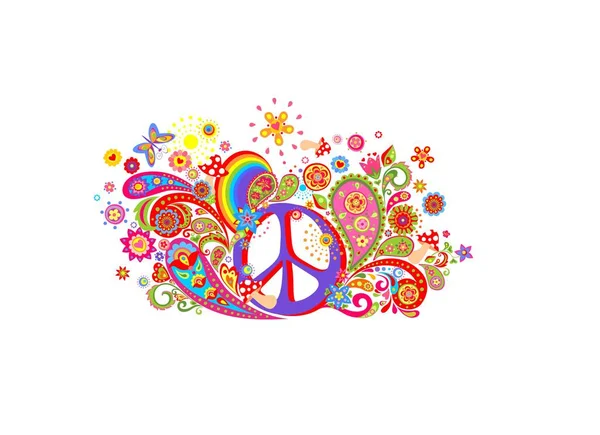 ヒッピーの平和のシンボル 抽象的な花 マッシュルーム ペイズリー白背景に虹とカラフルなプリント デザイン シャツ — ストックベクタ