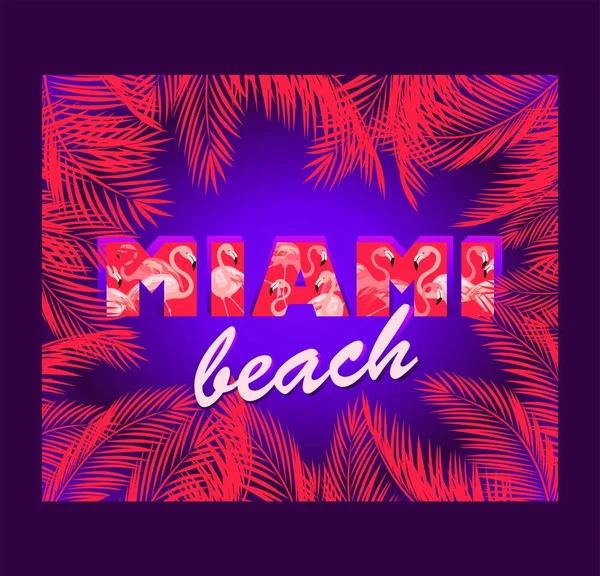 Stampa Camicia Con Cornice Rosa Caldo Foglie Palma Miami Spiaggia — Vettoriale Stock