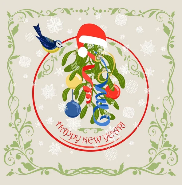 冬季假期用的老式贺卡 上面挂满了寄生 圣诞帽 蓝领带 花卉装饰和剪纸雪片 — 图库矢量图片