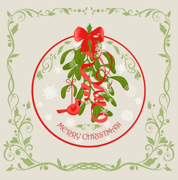 Pastel Greeting Vintage Christmas Card Hanging Decoration Bunch Mistletoe Berries — Stock Vector
