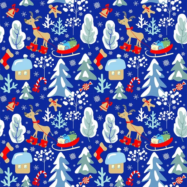 Kindhaftes Nahtloses Weihnachtliches Wintermuster Mit Schneebedeckten Tannen Bäumen Rentieren Geschenkschlitten — Stockvektor