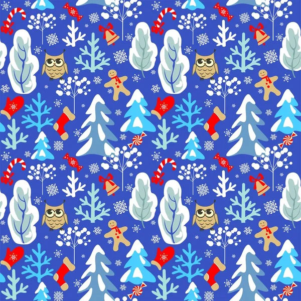 幼稚嫩无缝的圣诞图案 蓝底有雪松 猫头鹰 糖果和雪花 用于面料 包装材料 纺织品 — 图库矢量图片