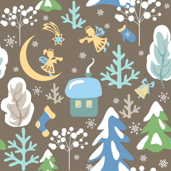 冬の風景 雪の火と木 小さな天使 三日月とクリスマスの星と魔法のクリスマスシームレスなパターン — ストックベクタ