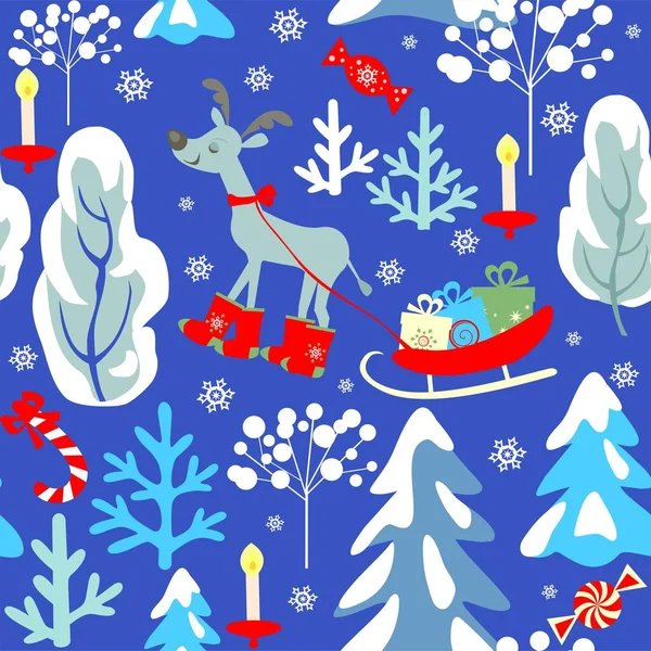 Παιδικά Απρόσκοπτη Χριστούγεννα Μοτίβο Χειμώνα Χιονισμένα Έλατα Δέντρα Τάρανδοι Έλκηθρο — Διανυσματικό Αρχείο
