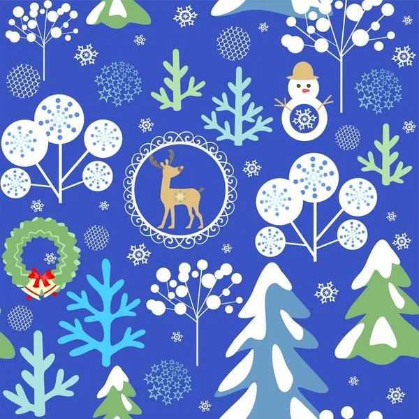 トナカイ クリスマスリース 雪男と布 アパレル用雪の木と面白い幼稚なパターンを持つシームレスな冬の背景 — ストックベクタ