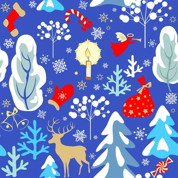 雪の火 トナカイ キャンドル キャンディー ミトン プレゼント 紙切断雪のフレークとクリスマスパターンとヴィンテージ紙青シームレスな背景 — ストックベクタ
