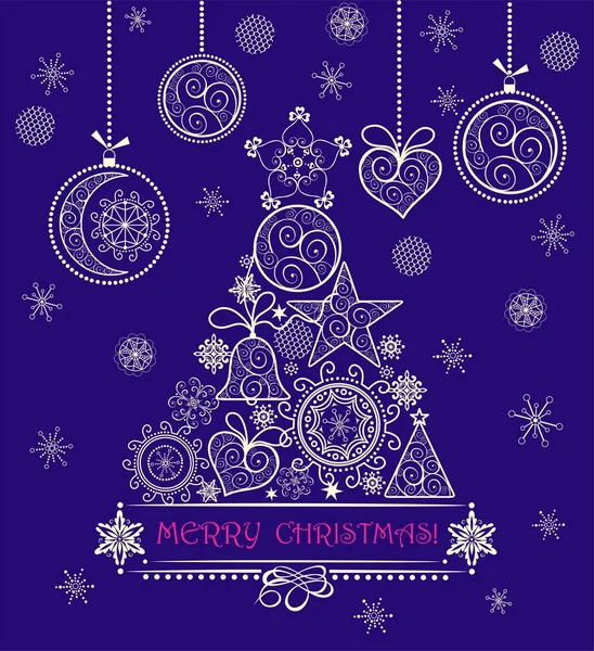 Christmas Vintage Greeting Violet Card Decorative Lacy Golden Tree Hanging — Stock Vector
