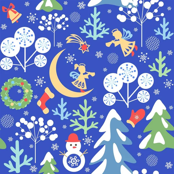 雪の火と木 小さな天使と雪だるま 三日月 クリスマスの星と花輪でシームレスな紙の切断パターンを持つ魔法のクリスマスブルーの壁紙 — ストックベクタ