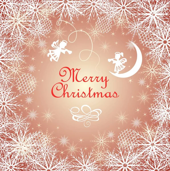 Рождественская Волшебная Золотая Открытка Снежинками Бумагорезательными Маленькими Ангелочками — стоковый вектор
