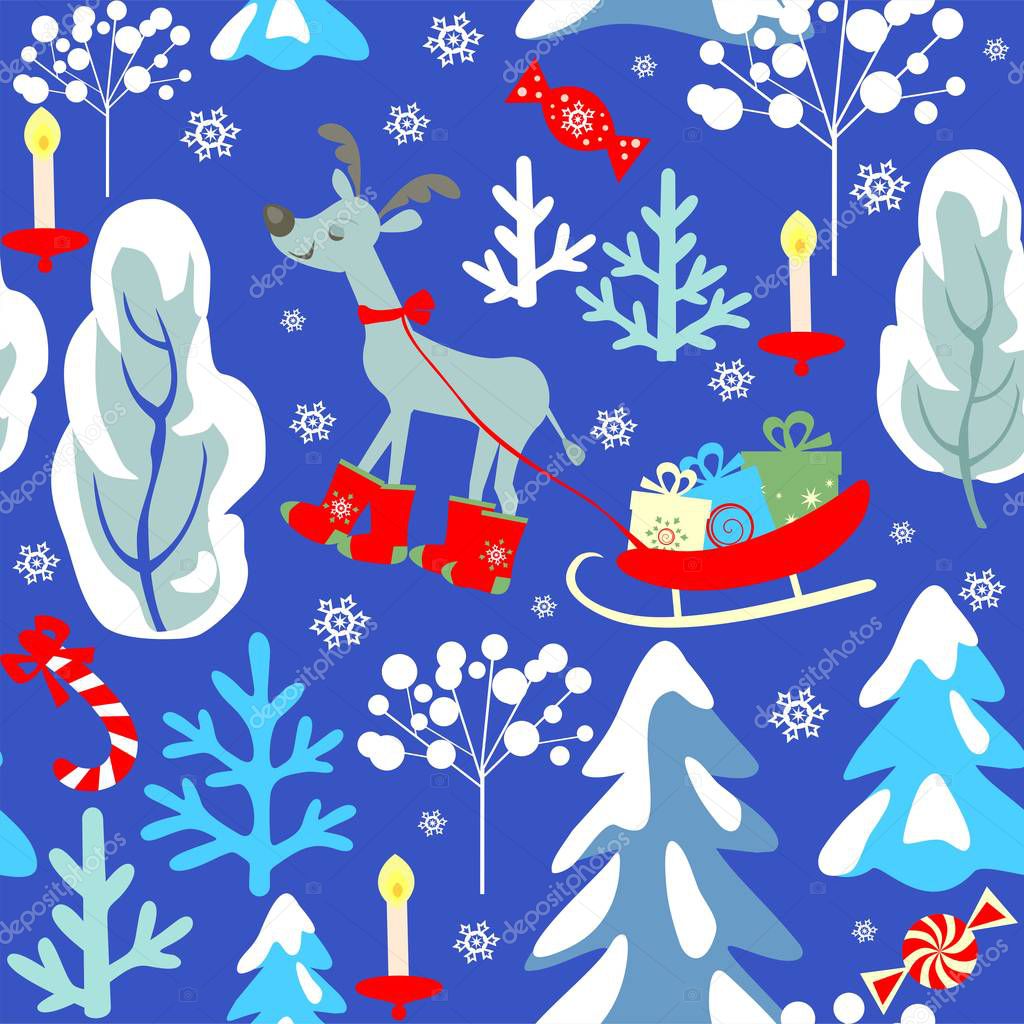 Childish seamless Christmas winter pattern with snowy firs, trees, reindeer, sleigh with presents, candle, candy, snowflakes on blue background for fabric, wrapping, textile, wallpaper, apparel