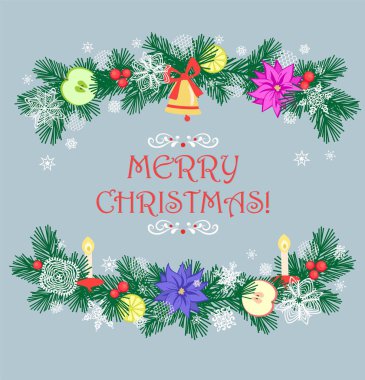 Yeşil kozalaklı Noel tebrik kartı Noel çanı, mum, puantiye, elma, limon ve el yapımı kar taneleriyle dalları kesiyor. Yeni yıl konsepti
