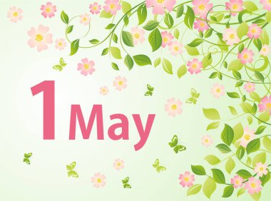 1 Mayıs Uluslararası İşçi Bayramı. Kutlama için çiçek açan ağaçlı tebrik kartı Mayday, Spring ve Labour