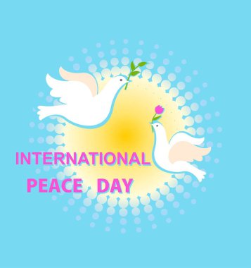 Üzerinde güneş ve kağıt bulunan mavi tebrik kartı. Zeytin dalı ve Uluslararası Barış Günü için lale kesilmiş güvercinler.