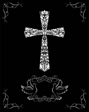  Vaftiz ve Paskalya kutlamaları için güvercinli haç ve çerçeveli siyah beyaz katolik vintage kart.