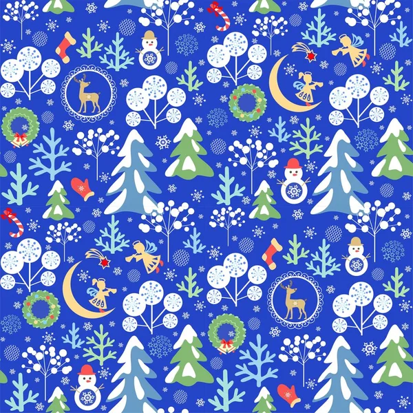 带有雪地的冷杉和树木 小天使和雪人 新月形 圣诞星和花环的完美剪纸图案的童真有趣的圣诞蓝墙纸 — 图库矢量图片