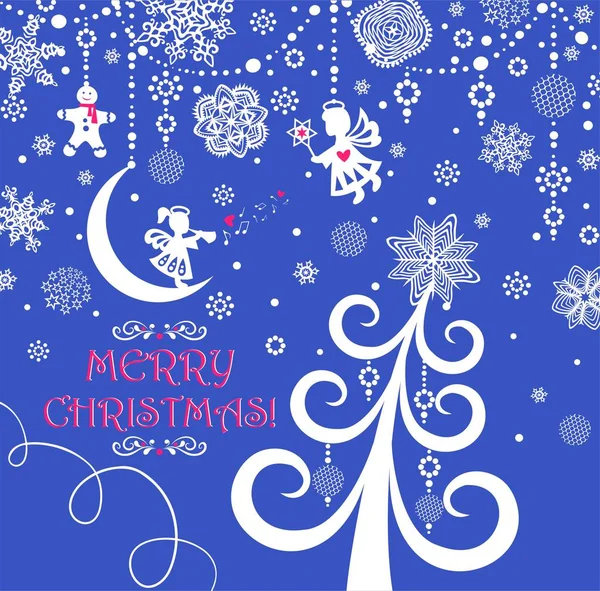 Carte Bleue Voeux Noël Avec Décoration Suspendue Papier Pain Épice — Image vectorielle
