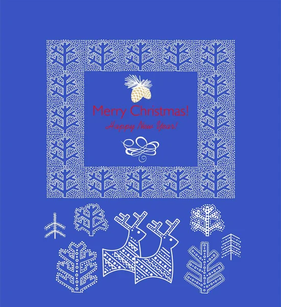 蓝色圣诞贺卡 配有雪树和驯鹿轮廓的冬季假期装饰框架 — 图库矢量图片