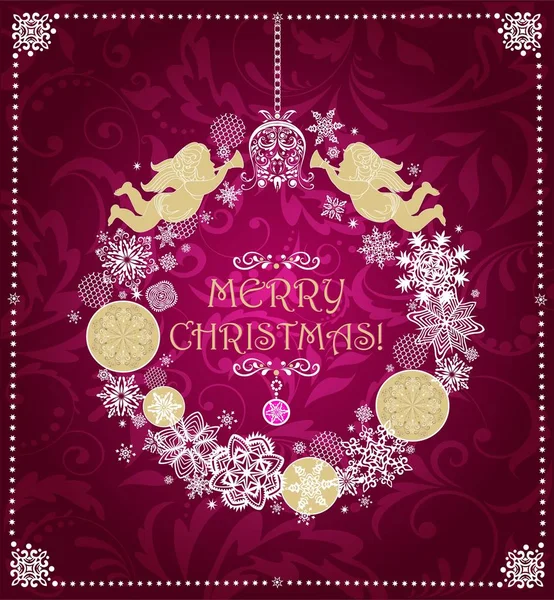 Christmas Greeting Vintage Card Hanging Craft Wreath Paper Cutting Snowflakes — Stock Vector