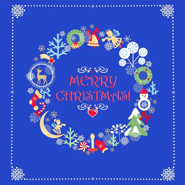 Kindlich Lustige Weihnachtsgrußkarte Mit Weihnachtskranz Aus Papier Mit Schneebedeckten Tannen — Stockvektor