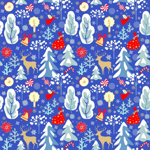 冬季古色古香的墙纸 附有雪松 一品红 金驯鹿 苹果和切纸的圣诞图案 — 图库矢量图片
