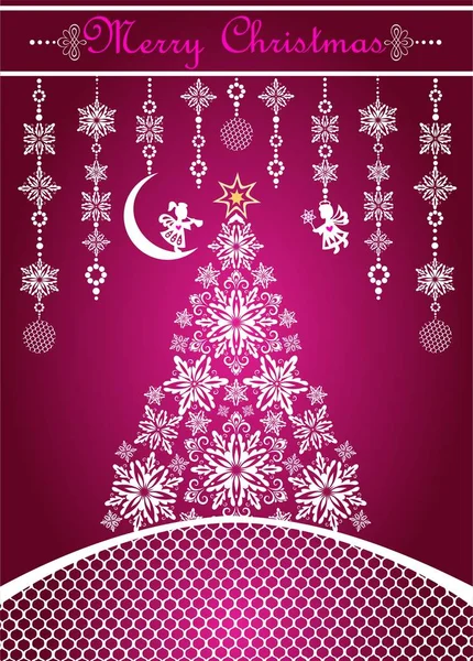 Weihnachtsbastelei Lila Grußkarte Mit Weihnachtsbaum Mit Handgemachten Papier Schneeflocken Und — Stockvektor