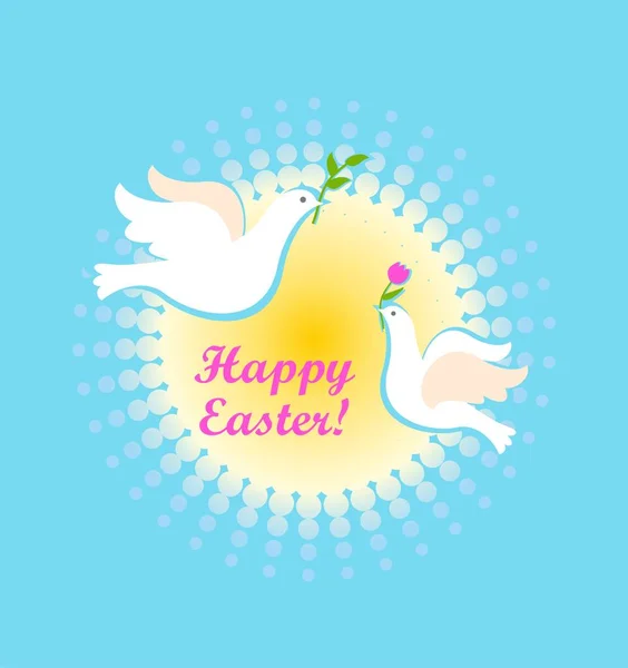 Húsvéti Üdvözlőlap Repülő Pár Fehér Galambok Olajággal Tulipánnal Nap Kék — Stock Vector