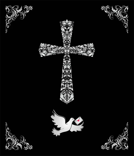 Carte Ornée Catholique Noire Avec Croix Florale Décorative Argent Vignette — Image vectorielle