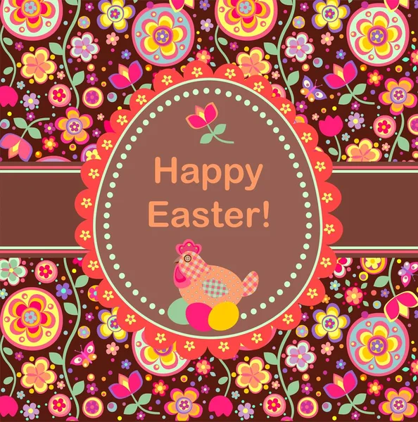 Carte Vœux Pâques Avec Motif Fleurs Abstraites Colorées Poule Œufs — Image vectorielle