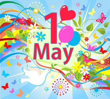 1 Mayıs Uluslararası İşçi Bayramı. Kutlama için uçan güvercin, kelebekler, güneş, balonlar, renkli kurdeleler ve papatya çiçekleri.